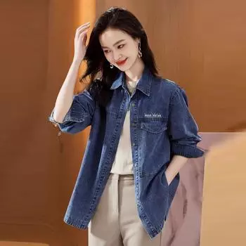 Женская джинсовая рубашка больших размеров, повседневный топ оверсайз на весну и осень L синий