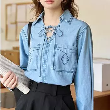 Женская джинсовая рубашка MISHOW, осень 2023, новая элегантная однотонная 100% хлопок, модный винтажный свободный пуловер на шнуровке, топы MXC42W0031 S