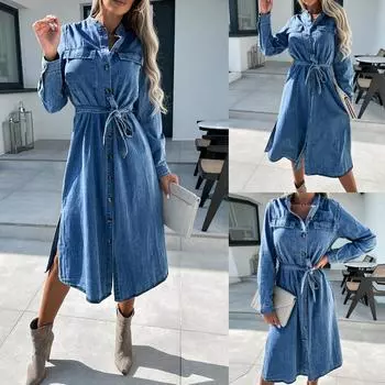 Женская джинсовая рубашка на пуговицах с длинным рукавом, джинсы, повседневное свободное платье-миди, туника, топы