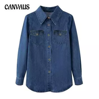 Женская джинсовая рубашка на весну и осень, свободная рубашка с позитивным плечом, блузка Tide S темно-синий