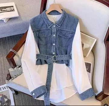 Женская джинсовая рубашка с длинным рукавом, весенняя, темпераментная, сращивание, женские топы, поддельные, из двух частей, модная свободная женская блузка 4XL синий