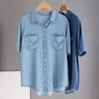 Женская джинсовая рубашка с карманами на рукавах, однобортная рубашка, топы в стиле ретро с лацканами, короткая, свободная посадка, однотонная, с драпировкой L синий