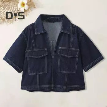 Женская джинсовая рубашка, шорты, однобортный цвет, однобортный отворот, V-образный вырез, нагрудный карман, топ с короткими рукавами, брюки-кюлоты с высокой талией, OL, одежда для поездок на работу L синий