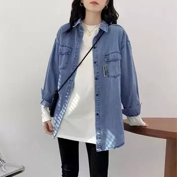 Женская джинсовая рубашка свободного кроя, весенняя повседневная винтажная верхняя одежда с длинными рукавами M синий