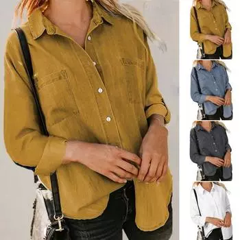Женская джинсовая рубашка, весенне-осенняя однотонная рубашка с лацканами и длинными рукавами, однотонная повседневная рубашка с накладными карманами, однобортная цветная рубашка M жёлтый