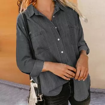 Женская джинсовая рубашка, весенне-осенняя рубашка с лацканами и длинными рукавами, накладными карманами, однотонная однобортная повседневная рубашка, пальто M жёлтый