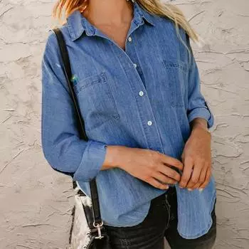 Женская джинсовая рубашка, весенне-осенняя рубашка с лацканами и длинными рукавами, накладными карманами, однотонная однобортная повседневная рубашка, пальто M жёлтый
