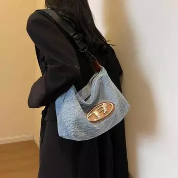 Женская джинсовая сумка большой емкости через плечо, сумка через плечо, студенческая сумка в форме полумесяца темно-синий