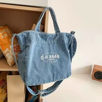 Женская джинсовая сумка большой емкости через плечо с буквенным принтом, сумка через плечо темно-синий