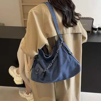 Женская джинсовая сумка большой вместимости, сумка на молнии, повседневная сумка, однотонная, элегантная