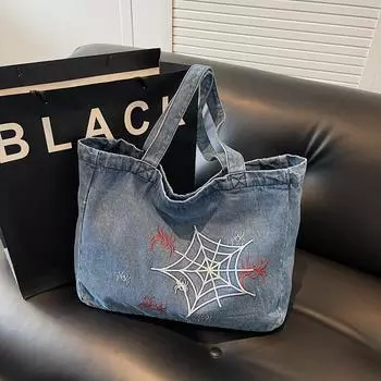 Женская джинсовая сумка через плечо, большая вместительная сумка-тоут с вышивкой чёрный