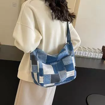 Женская джинсовая сумка через плечо большой вместимости, лоскутная студенческая пригородная сумка на плечо чёрный