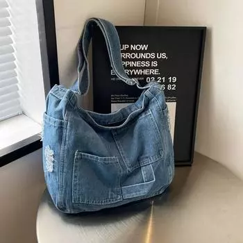 Женская джинсовая сумка через плечо на молнии, простая модная сумка через плечо, мягкая и универсальная, популярная сумка