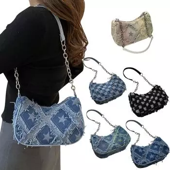 Женская джинсовая сумка-подмышка с кисточками и кисточками One Size чёрный