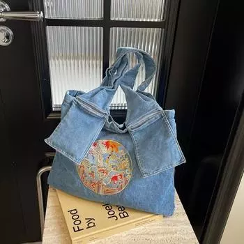 Женская джинсовая сумка с вышивкой, большая вместительная сумка через плечо, сумка через плечо темно-синий