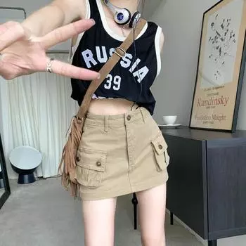 «Женская джинсовая юбка А-силуэта цвета хаки с высокой талией — американский стиль, облегающий крой, осенняя корейская мода» S