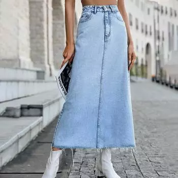 Женская джинсовая юбка А-силуэта с карманами и высокой талией XS