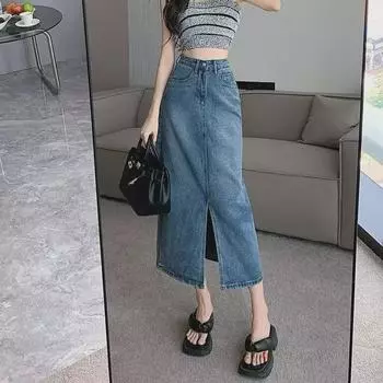 Женская джинсовая юбка А-силуэта с высокой талией - коллекция весна/осень 2024 г., средней длины с разрезом M чёрный