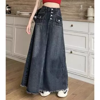 Женская джинсовая юбка А-силуэта с высокой талией, необработанным краем и пуговицами 2X-Large синий/джинсовый