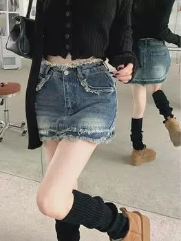 Женская джинсовая юбка А-силуэта с высокой талией - стиль American Retro, необработанный край, облегающий крой M чёрный