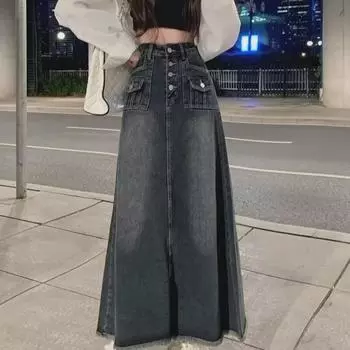 Женская джинсовая юбка А-силуэта с высокой талией и необработанным краем — ретро-весенний дизайн 4XL сине серый