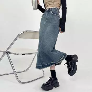 Женская джинсовая юбка А-силуэта с высокой талией в стиле ретро, необработанный край, летний стиль Large