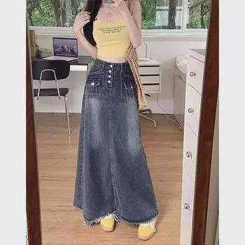 Женская джинсовая юбка А-силуэта в стиле ретро с высокой талией - Коллекция осень 2025 3XL серый/синий