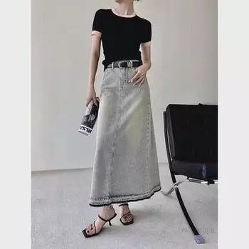 Женская джинсовая юбка А-силуэта в стиле ретро с необработанным краем, маленькая, с высокой талией, узкая, средней длины, универсальная для весны и осени Small светло-синий