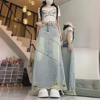 Женская джинсовая юбка А-силуэта в стиле ретро с высокой талией — средняя длина, миниатюрная посадка, рваный дизайн L синий