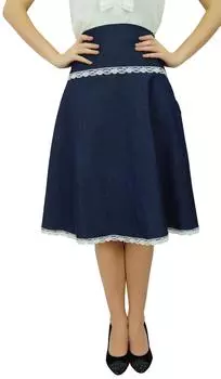 Женская джинсовая юбка до колена Bimba с кружевной деталью, повседневная шикарная трапециевидная форма 10 темно-синий