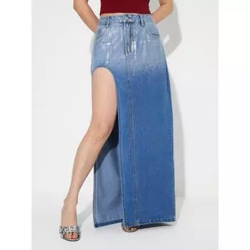 Женская джинсовая юбка INS с высокой талией, облегающая бедра, серебристая, Split Iron для женщин S синий