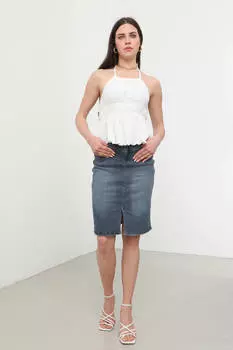 Женская джинсовая юбка из лайкры с разрезом синяя