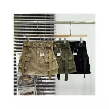 Женская джинсовая юбка-карго А-силуэта Винтажная юбка Y2k Khaki Harajuku Корейская уличная мода Юбки-силуэты Эмо 2000-х Дрянная одежда S чёрный