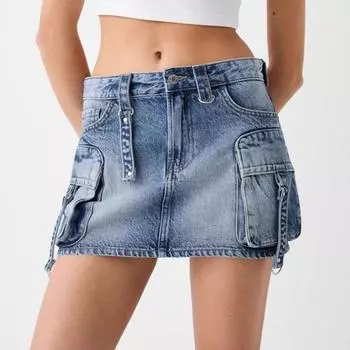 Женская джинсовая юбка карго с низкой посадкой на пуговицах, облегающая, с накладными карманами L синий