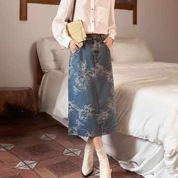 Женская джинсовая юбка MISHOW, осень 2023, с цветочным принтом, в Корейском стиле, элегантная прямая женская юбка-миди с высокой талией и карманами, MXC41B0101