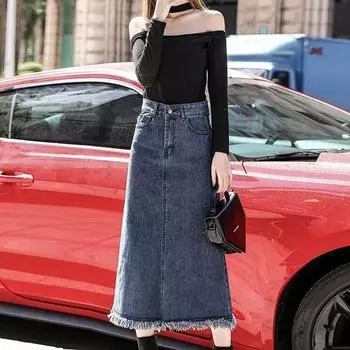 Женская джинсовая юбка на весну и осень, повседневная джинсовая юбка с высокой талией, джинсовая юбка трапециевидной формы средней длины