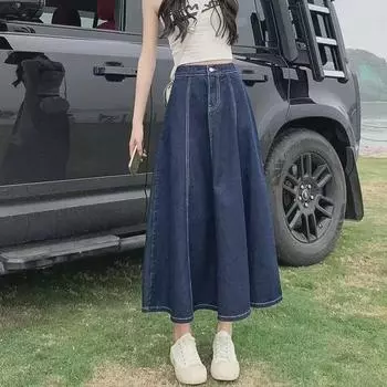 Женская джинсовая юбка-рыбий хвост 2024 года: Весна/Осень, Средняя длина, Прямой А-силуэт L светло-синий