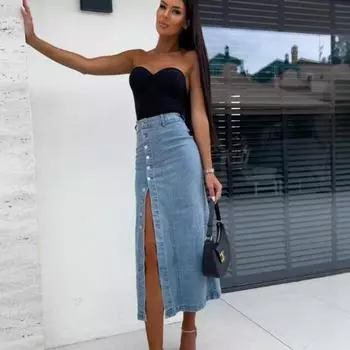 Женская джинсовая юбка с асимметричным разрезом и пуговицами, облегающая юбка с высокой талией S темно-синий