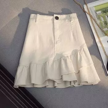 Женская джинсовая юбка с нерегулярным подолом и высокой талией, утягивающая короткая юбка L бежевый