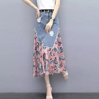 Женская джинсовая юбка с принтом на весну и лето, тонкая свободная повседневная длинная юбка без пояса S синий