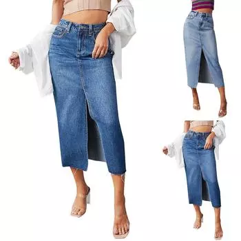 Женская джинсовая юбка с разрезом Женская мытая юбка-трапеция с завышенной талией Юбка-миди L