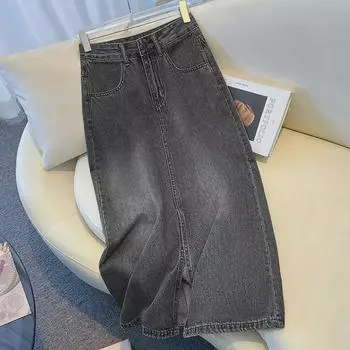 Женская джинсовая юбка с высокой талией, черная/серая, весна и осень 2024, разрез средней длины L