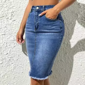 Женская джинсовая юбка с высокой талией и молнией на пуговицах, юбка-миди с несколькими карманами, однотонная промытая юбка с кисточками на бедрах M синий