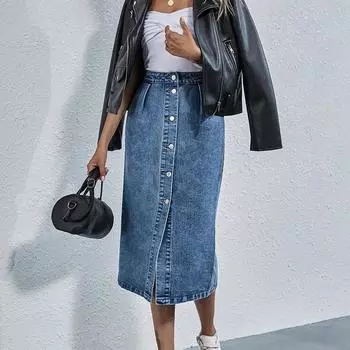 Женская джинсовая юбка с высокой талией, карманом, однобортной застежкой и облегающая бедра XS