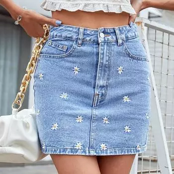 Женская джинсовая юбка с высокой талией, с дырками, облегающая бедра XS