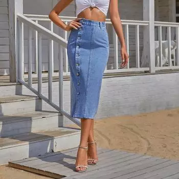 Женская джинсовая юбка средней длины с завышенной талией и нерегулярным разрезом на пуговицах L белый