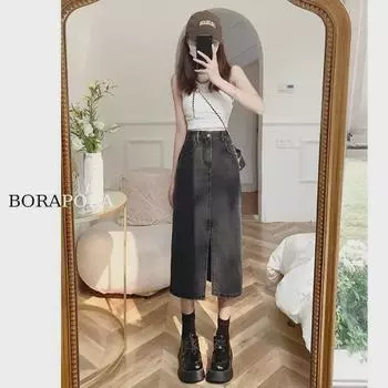 Женская джинсовая юбка трапециевидной формы, черно-серого цвета, с высокой талией, средней длины, с разрезом — идеально подходит для фигуры типа «груша», идеальна для весны и лета. XL