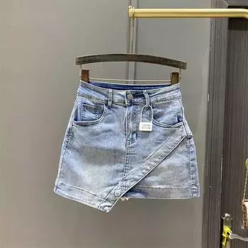 Женская джинсовая юбка-трапеция с высокой талией, лето 2023 г. — облегающая, не пропускающая влагу 2XL синий