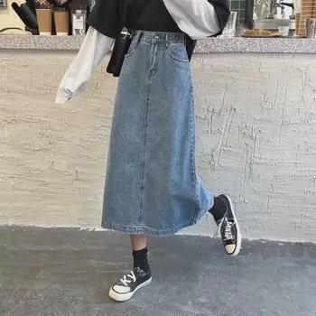 Женская джинсовая юбка-трапеция с высокой талией и разрезом, осень 2024 года — модный ретро-стиль L синий