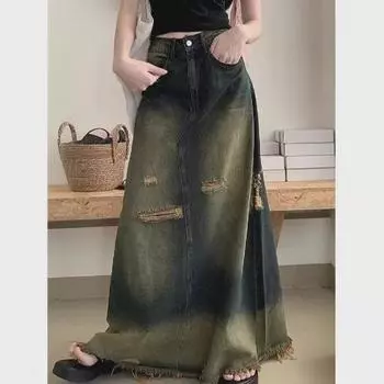 Женская джинсовая юбка-трапеция в стиле ретро с завышенной талией, необработанным краем и рваными деталями, коллекция 2024 года Triple Extra Large синий